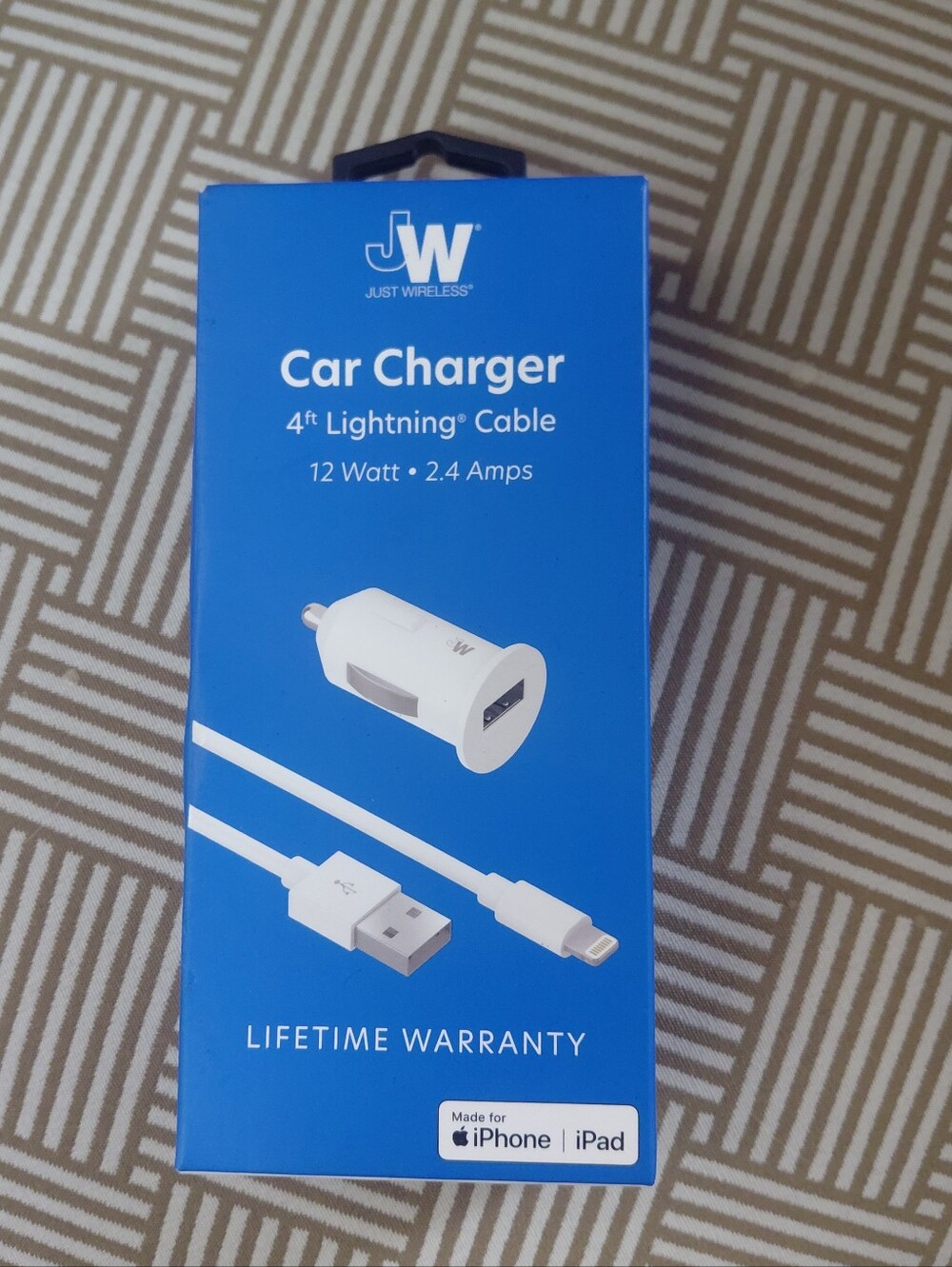 Just Wireless White Car Charger with 4ft Lightning Cable New In Box